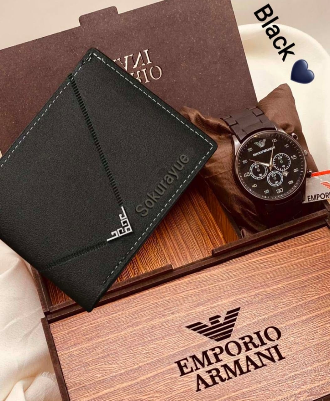 Stylectra™ Emporio Armani Watch & Wallet Gift Set – Premium Wooden Box Edition 🎁