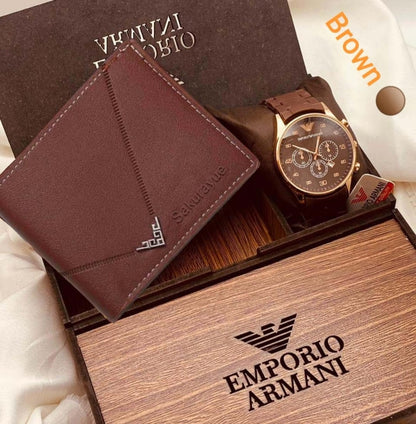 Stylectra™ Emporio Armani Watch & Wallet Gift Set – Premium Wooden Box Edition 🎁