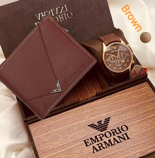 Stylectra™ Emporio Armani Watch & Wallet Gift Set – Premium Wooden Box Edition 🎁